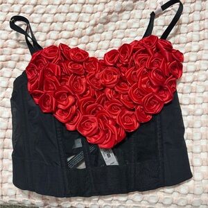 Victoria's Secret Black Corset Top with Red Rose Detail
